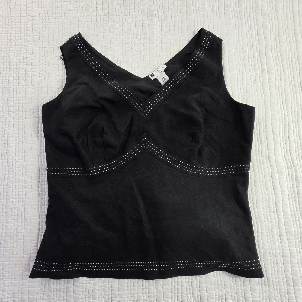 Carole Little Woman Black Linen Blend V-Neck Pick Stitch Tank Top Blouse 14W EUC